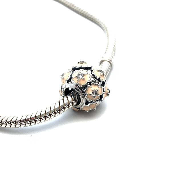 Cherry Blossom Blooms With CZ Charm Bead - Stone Heart 
