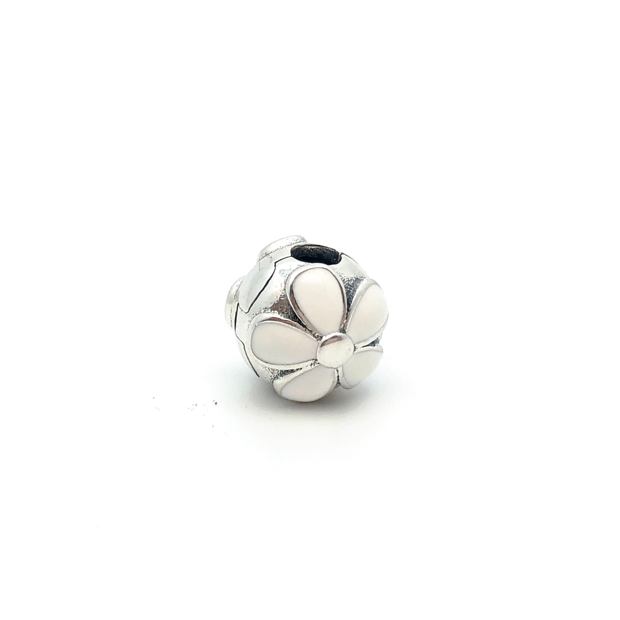 White Flower Round Charm Bead Clip - Stone Heart 