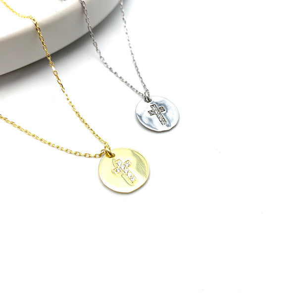 Cross Disc Necklace - Stone Heart 