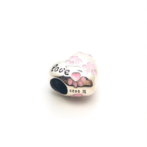 Love Pink Paw Prints Heart Charm Bead - Stone Heart 